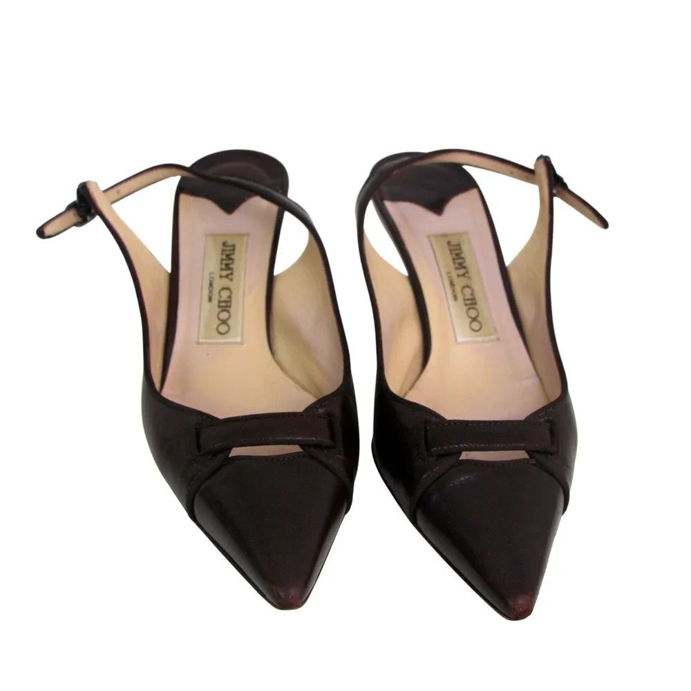 Jimmy Choo BROWN GENUINE LEATHER MID HEEL POINTED TOE CLASSIC PUMP SHOES Sz 36.5